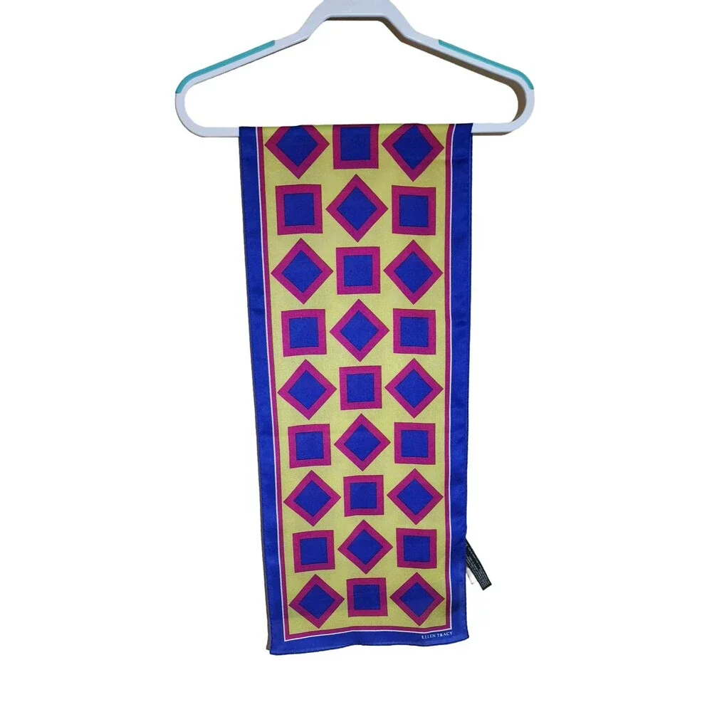 90s Ellen Tracy 100% Silk Scarf Rectangle Geometric Blue Red Yellow Vintage 52